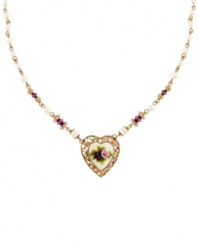 A cameo appearance. Amethyst-colored resin beads, costume pearls, and a pretty, heart-shaped floral charm accent 2028's unique vintage pendant. Set in rose gold tone mixed metal. Approximate length: 15 inches + 3-inch extender. Approximate drop: 1-1/4 inches.