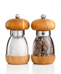 Are you crushing? It's easy to be enamored of this salt & pepper mill set, which crushes instead of grinds salt & peppercorns for a fresher, more vibrant taste. The two mushroom-shaped mills are filled with the highest-quality salt and pepper and feature a deep American cherry finish that perfectly accents your table.