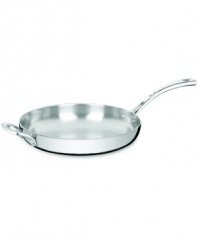 Bonjour amazing meals! A three-layer design features a pure aluminum core enveloped in stainless steel for even, quick and powerful heating. Elegantly crafted with a contoured handle and a classic shape, this skillet transports the art of French cooking into your kitchen. Lifetime warranty.