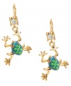 Get your fix with these funky frogs. Betsey Johnson's antique gold tone mixed metal earrings feature fun blue glitter frogs with green and gold details and crystal accents. Approximate drop: 1-1/2 inches.