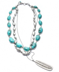Light as a feather and twice as fashionable. Lucky Brand's breezy style features a feather pendant accented by one strand of semi-precious turquoise beads and another strand of silver tone mixed metal beads. Approximate length: 18 inches + 2-inch extender. Approximate drop: 2-1/2 inches.