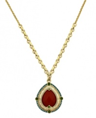 This exotic necklace from Jessica Simpson features a teardrop-style pendant with red, green and blue-colored crystals. Setting made of gold tone mixed metal. Approximate length: 19 inches. Approximate drop: 2-1/2 inches.