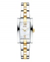 Golden touches add elegance to this versatile Linque watch by ESQ by Movado. Two-tone stainless steel bracelet and rectangular case. Mother-of-pearl dial features gold tone Roman numerals at twelve and six o'clock, two hands and logo. Swiss quartz movement. Water resistant to 30 meters. Two-year limited warranty.