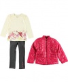 Calvin Klein Girls 2-6X Quilted Jacket With Long Sleeve Tee And Pant, Pink, 4